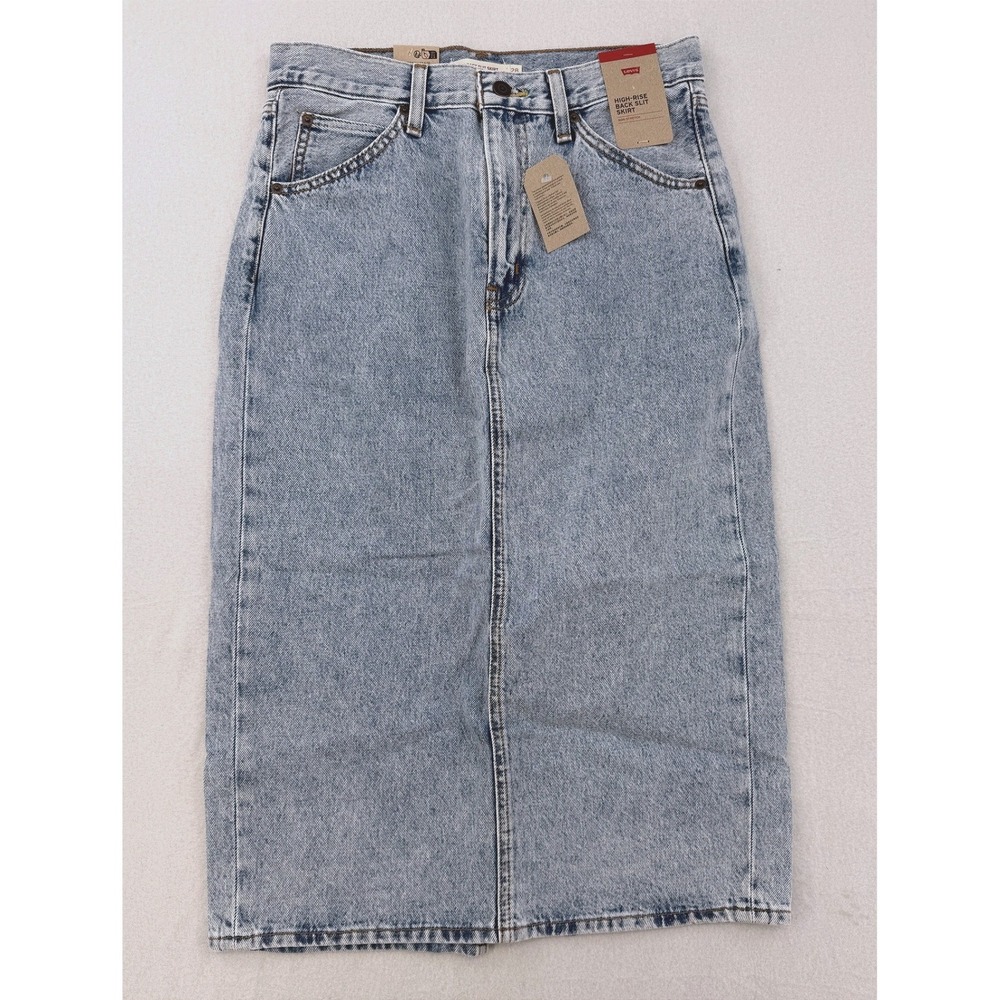 Levi's High Rise Back Slit Denim Midi Skirt Size 28 Light Wash Non-Stretch New